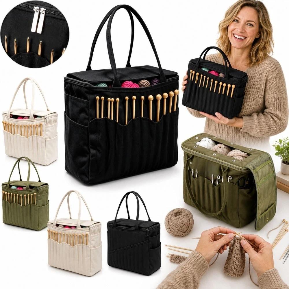 7 Yarn Holes Sewing Tool Storage Bag Multiple Pockets Crochet Accessory Handbag For Crochet Lovers