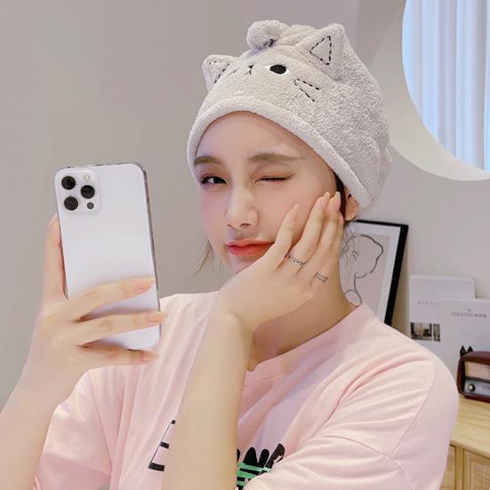 Шапочка для сушки волос, очень мягкая, не линяет, коралловый флис, милая шапочка для душа с котенком, полотенце для сухих волос, гаджет для ванной комнаты, ежедневное использование