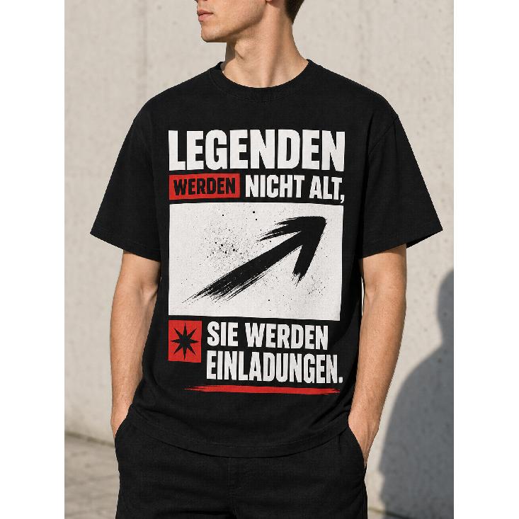 Men's Black Graphic Tee with Bold German Typography & Arrow Design, Crew Neck Short Sleeve Cotton Blend for Casual Streetwear