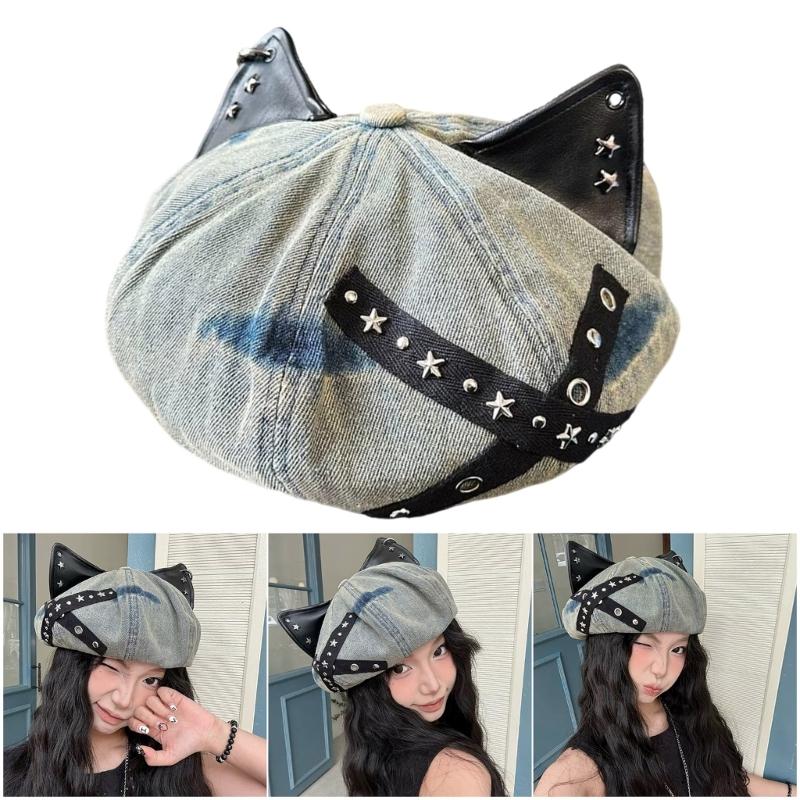 Берет с кошачьими ушками с шипами, хлопковая регулируемая шляпа, костюмы, винтажный унисекс головной убор для косплея, повседневного наряда