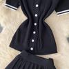 Sweet Two 2 Pieces College Set for Women Summer Sexy Polo Collar Short Sleeve Buttons Knit Top and Elastic Waist Mini Pleated Skirt Suits