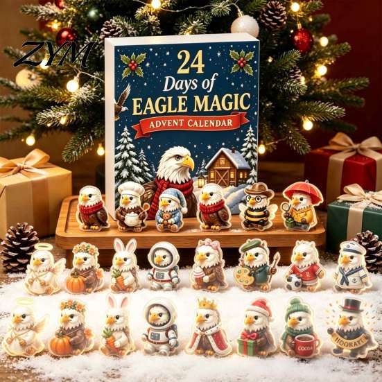 Holiday Countdown Gift Box Eagle Advent Calendar, 24Pcs Acrylic 2D Ornament Set with Mini Christmas Tree Hanging Decorations Cartoon Figures,