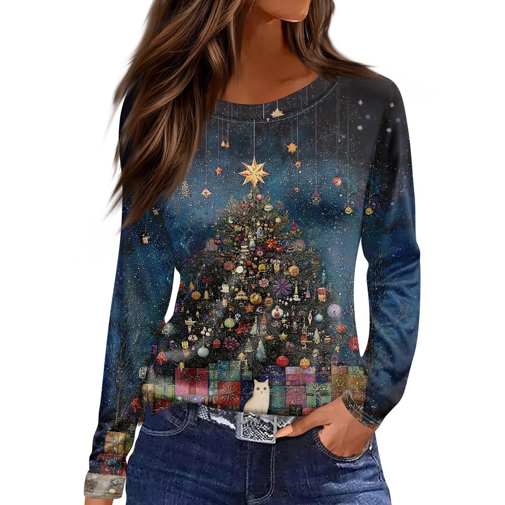 Women's Fashion Hem Slit Casual Christmas Printed Round Neck Long Sleeve Top