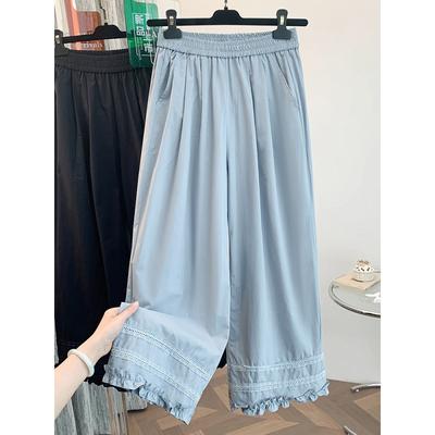 Настоящие весенние и летние новые эластичные талии кружева ажурные грибовидные края широкие брюки свободные прямые брюки с девятью точками женская одежда