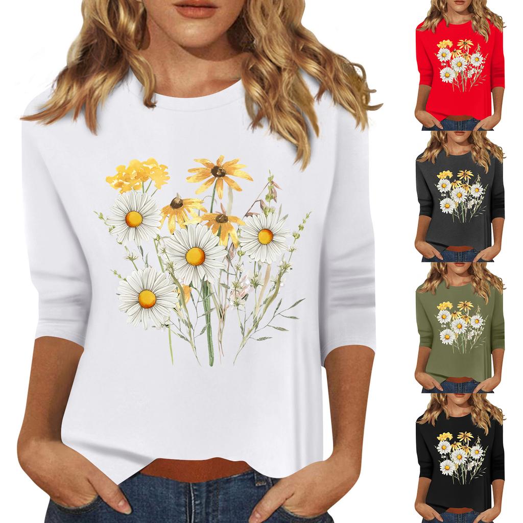 Women's Fashion Casual Printed Seven Sleeve Round Neck Top