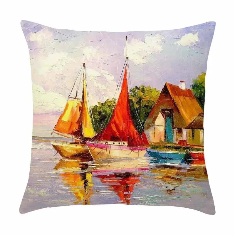Красивая Масляная Живопись Парус Парусный Спорт Пейзаж Принт Узор Наволочка для Подушки Домашняя Гостиная Диван Украшение Подушка