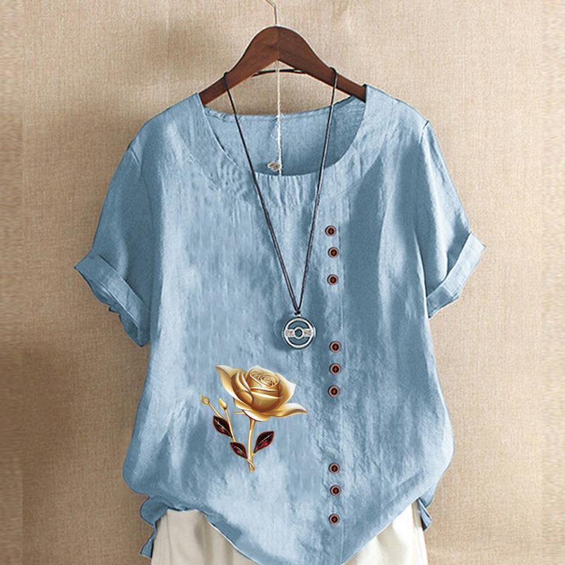 Women's Fashion Round Neck Short Sleeve T-shirt Casual Cotton Linen Graphic Shirt Leisure Loose Flower Prined Summer Blouse Tops