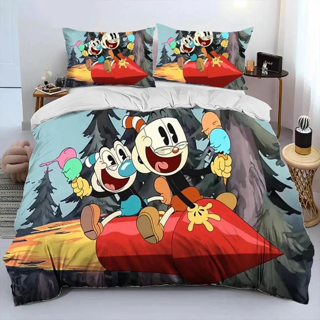 Комплект постельного белья с изображением мультфильма «Cuphead And Mugman» для мальчиков и девочек, двуспальный пододеяльник, наволочка, детская кровать, для взрослых, домашний текстиль