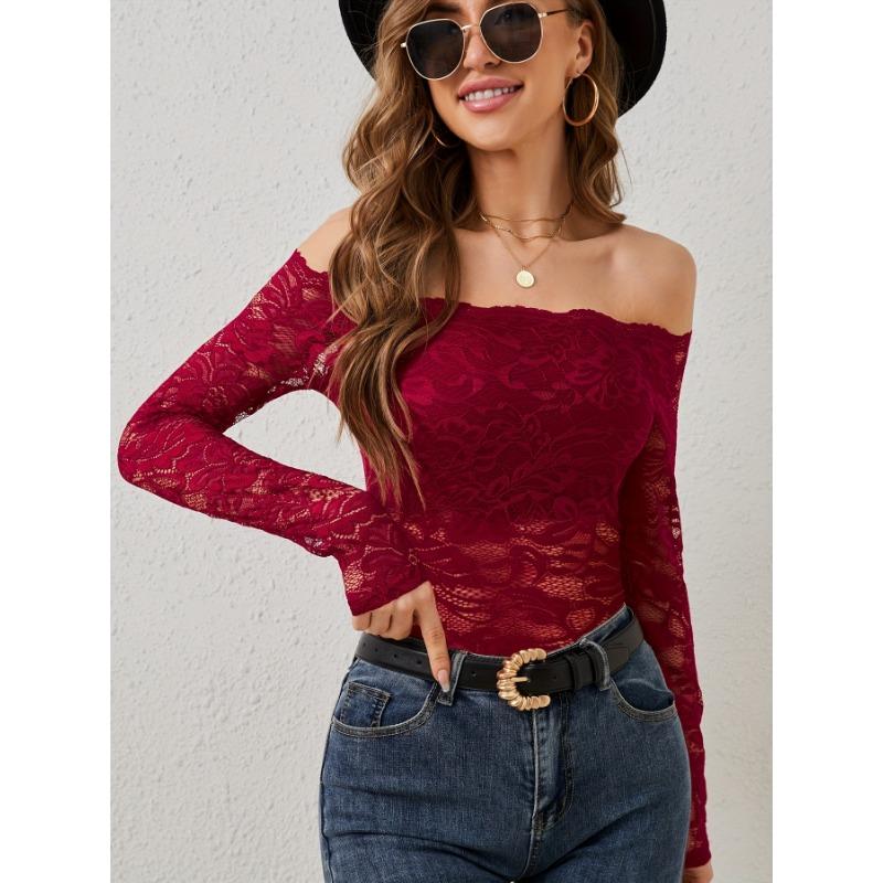 Pure Desire Spice One Line Neck Lace Top Женская новая сексуальная облегающая футболка с V-образным вырезом и элегантным открытыми плечами с длинным рукавом