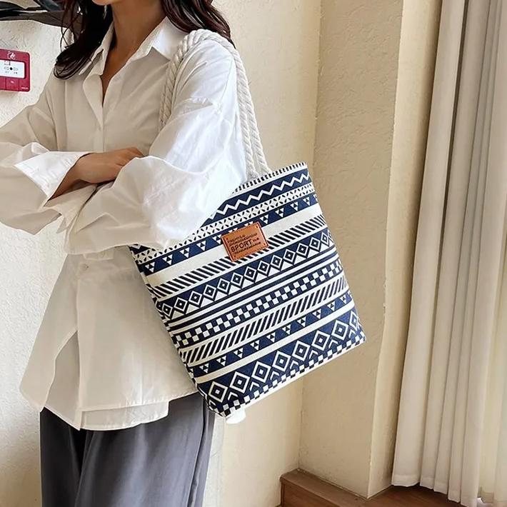 WTEMPO Fashion Printed Large-capacity Hand-held Women's Bags Summer Canvas Striped Versatile Commuting Mom Single-shoulder Shopping Bags