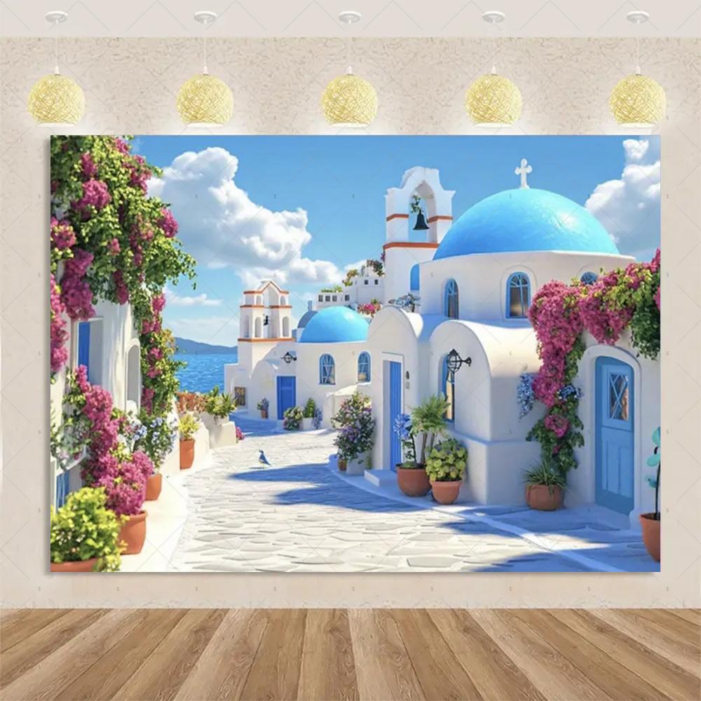 Nordic Greek Landscape Home Party Decorations Santorini Island Town Blue Dome Church Santorini Aegean Sea Photography Backdrop