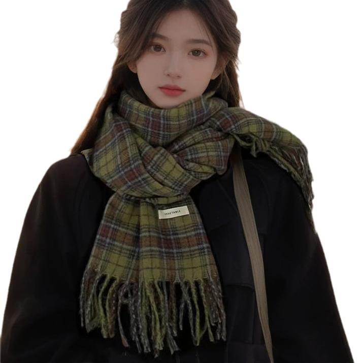 Autumn Winter Women's Retro Green Plaid Scarf Versatile Stylish High-End Warm Shawl Neck Warmer Korean Style