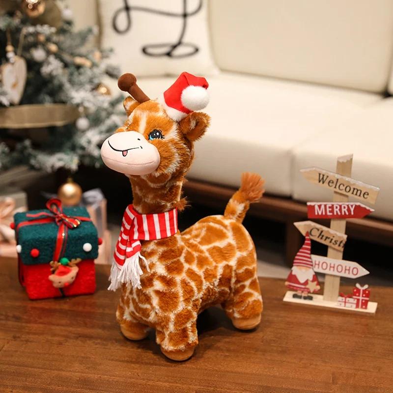 30cm Christmas Giraffe Plush Toy Kawaii Santa Hat Long Neck Deer Plush Toy Stuffed Animal Elk Party Decor Xmas Gift