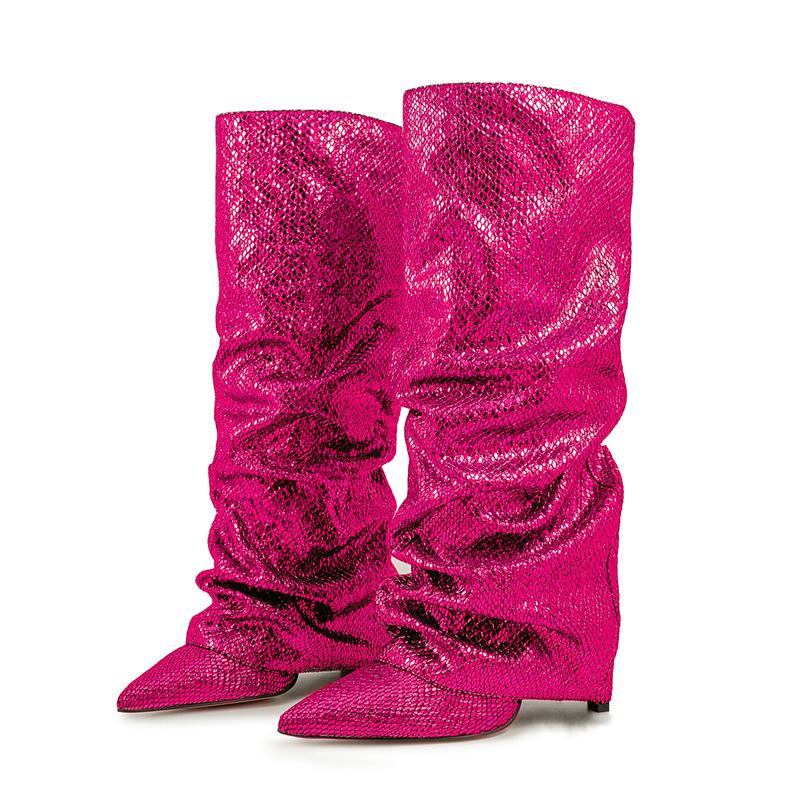 Женские высокие сапоги с принтом крокодила, с острым носком, леопардовым принтом, на танкетке, в стиле ретро, слипоны, с голенищем до колена, плиссированные