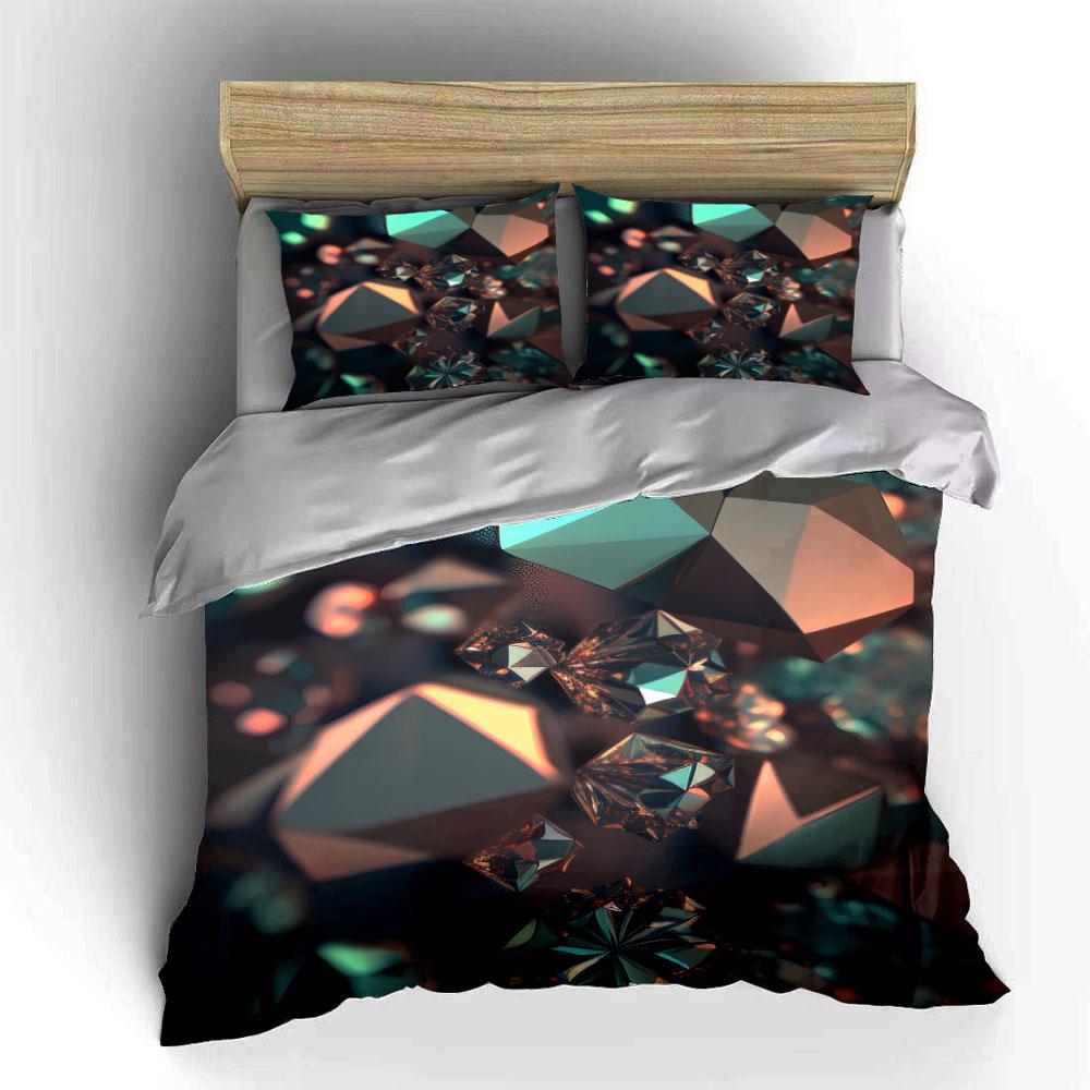 Iridescent Teal Brown Crystal Gem Duvet Cover Set, 3D Geometric Stone Bedding Includes 1 Duvet Cover And 2 Pillowcase, Gift