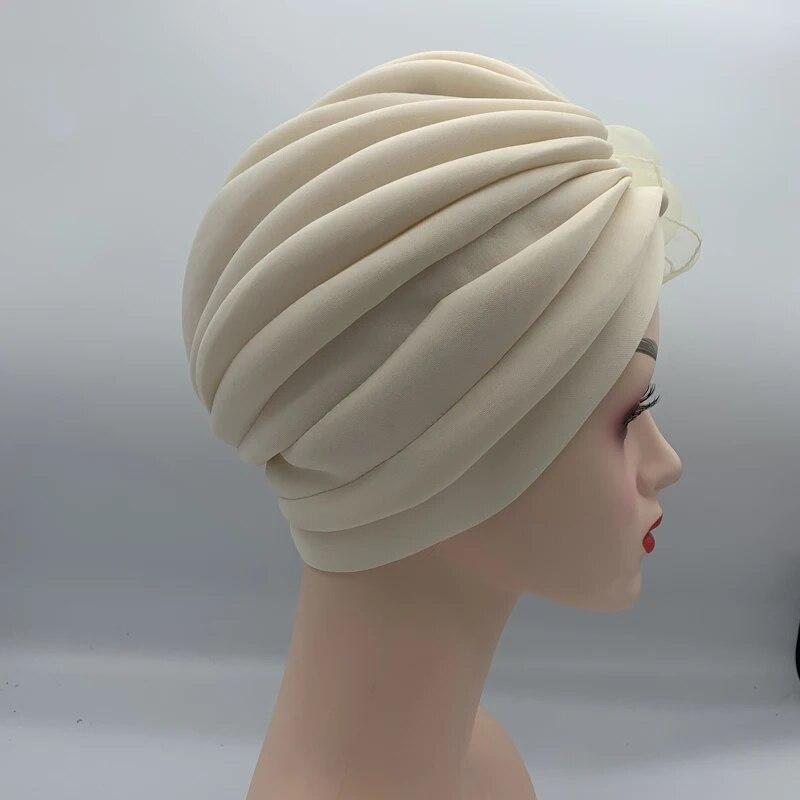 Feather Flower Ruffle Turban Caps for Women