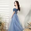 Blue evening dress 1011 summer one-word shoulder simple banquet temperament performance host art test dress
