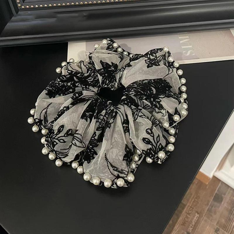 Korean Version Imitation Pearl Mesh Large Size Hair Loop French Style Large Intestine Hair Loop Headrope Women's High-end Lace Headflower