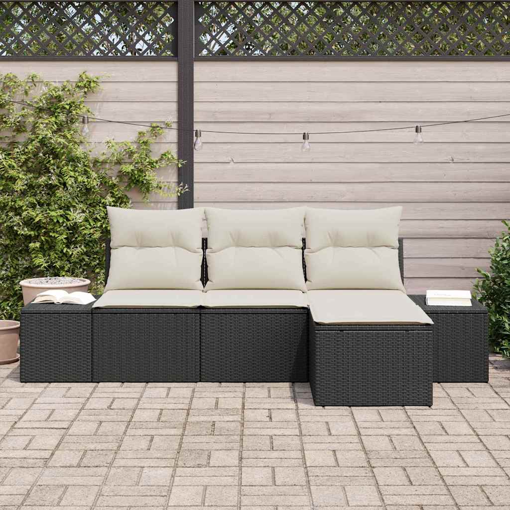 Garden Sofa Set with Cushions 4 pcs Black and Cream Poly Rattan