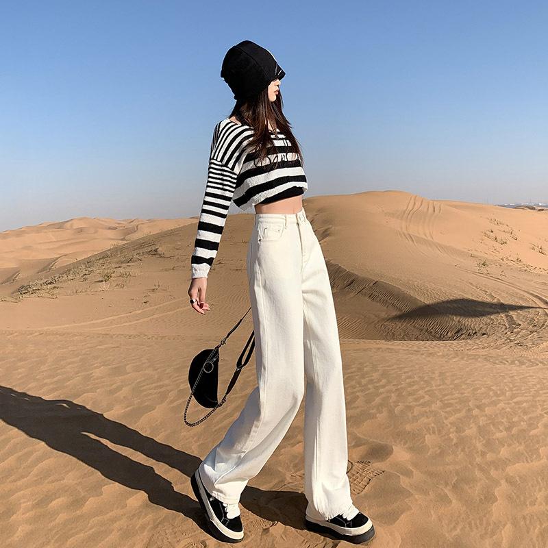 Off-white straight jeans women's spring new high-waisted high-end loose and narrow wide-leg pants
