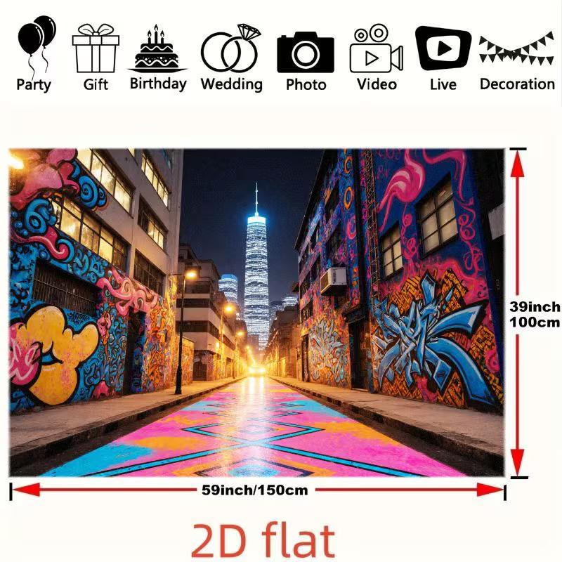 2D Urban Graffiti Night City Backdrop Neon Street Art Skyscraper Background