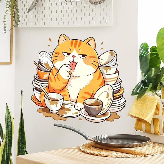 Мультяшный кот Наклейка на стену, Забавный оранжевый кот Купающийся/Вылизывающий Наклейка на стену, Отклей и приклей Самоклеящаяся ПВХ Настенный рисунок для Кухни, Ванной комнаты