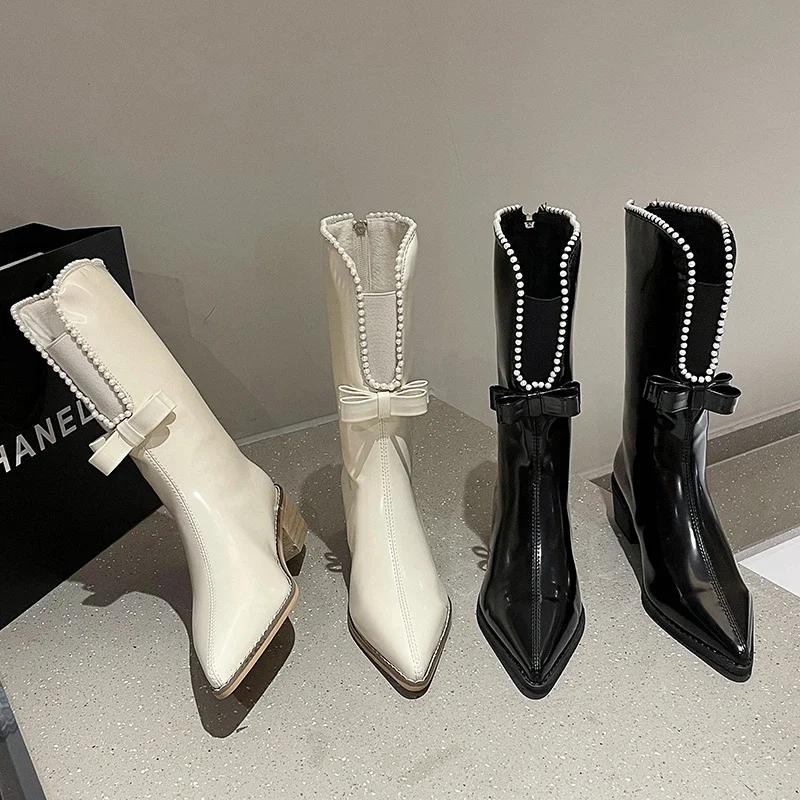 Butterfly-knot Mid-calf Modern Boots Square Heel Pointed Toe Ladies Shoes On Sale 2024 Brand Mid Heel Solid Novelty Boots