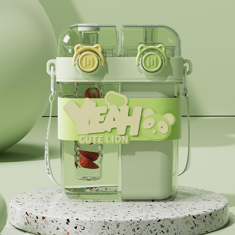 Grid Large-capacity Double Drinking Cup Children's Water Cup Student with Straw Drinking Cup Cartoon High-value Outdoor Portable Cup