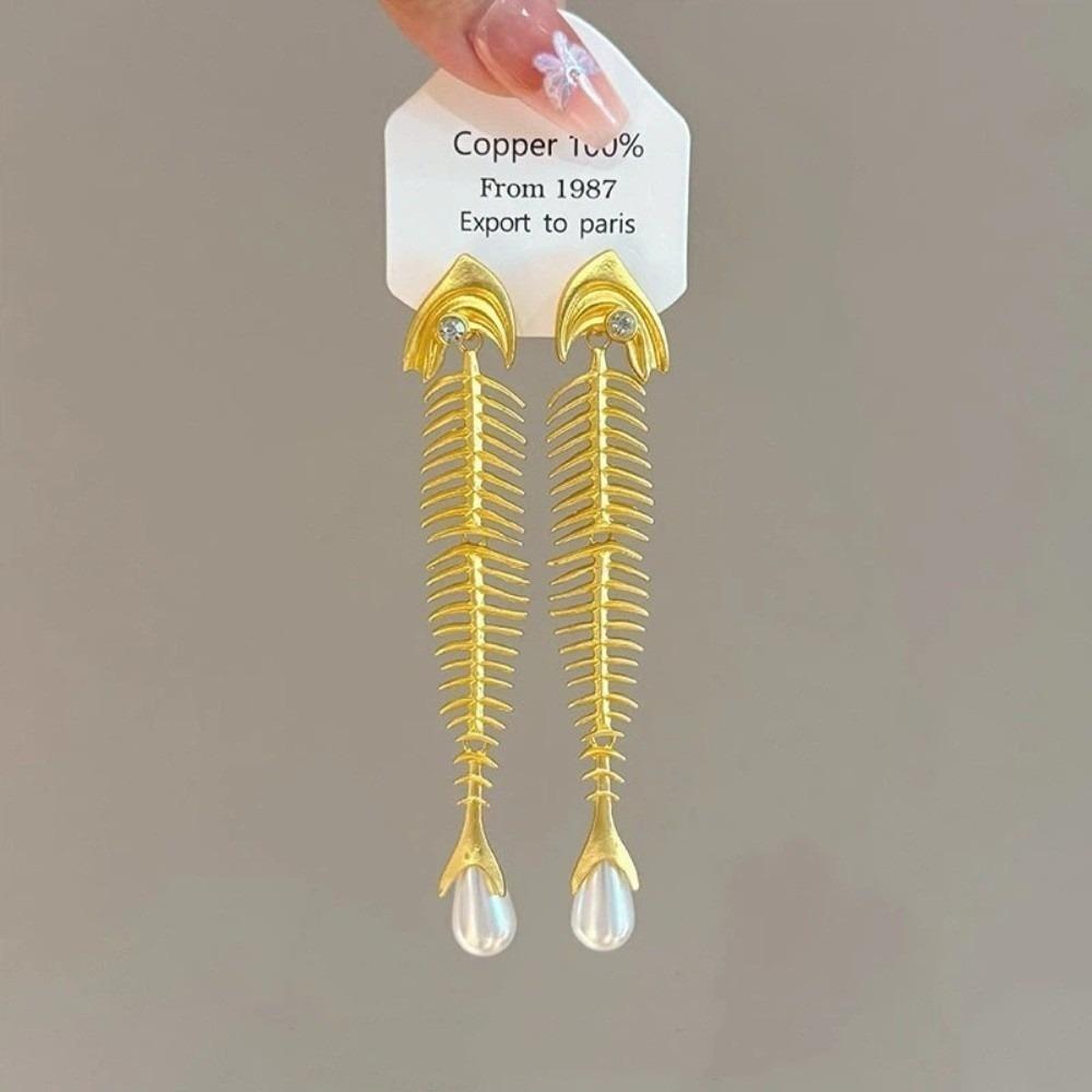 Punk Gothic Fish Bone Pearl Earrings Fishbone Shaped Drop Earrings Exaggerated Eardrop  Women