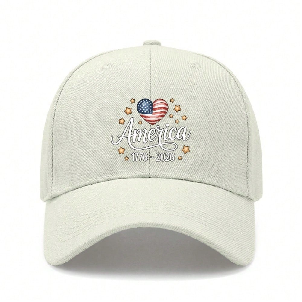[Patriotic Baseball Cap] 2026 Anniversary AMERICA Heart Print Polyester Adjustable Breathable Curved Brim Casual Outdoor Sports Baseball Hat For July