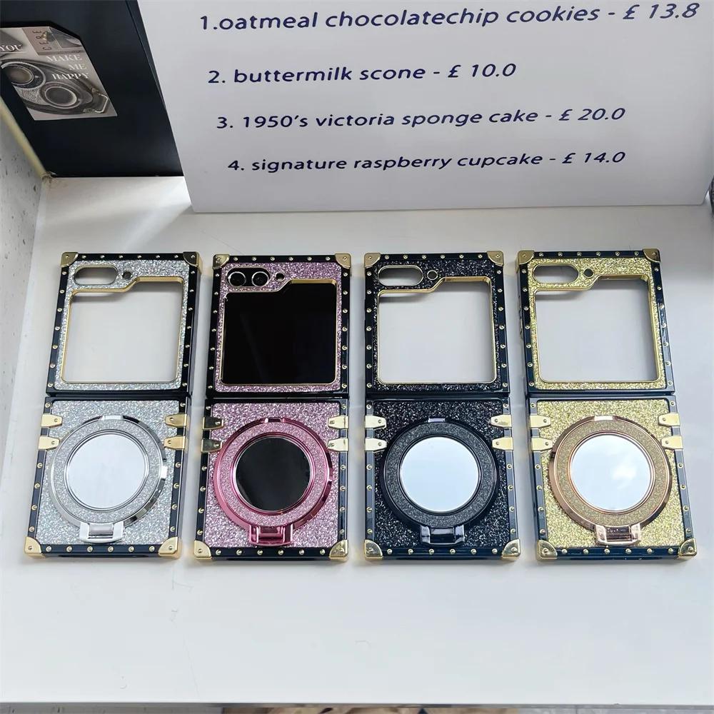 Блестящий милый девчачий чехол для телефона с зеркалом и магнитной подставкой-держателем для Samsung Galaxy Z Flip 6 5 4 3 5G, задняя крышка