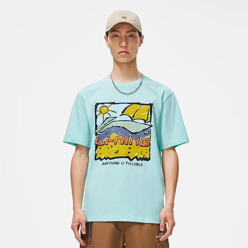 Li-Ning Футболка Sports Life с мультяшным принтом, круглым вырезом, короткими рукавами и заниженными плечами, топы унисекс, синий AHST543-3