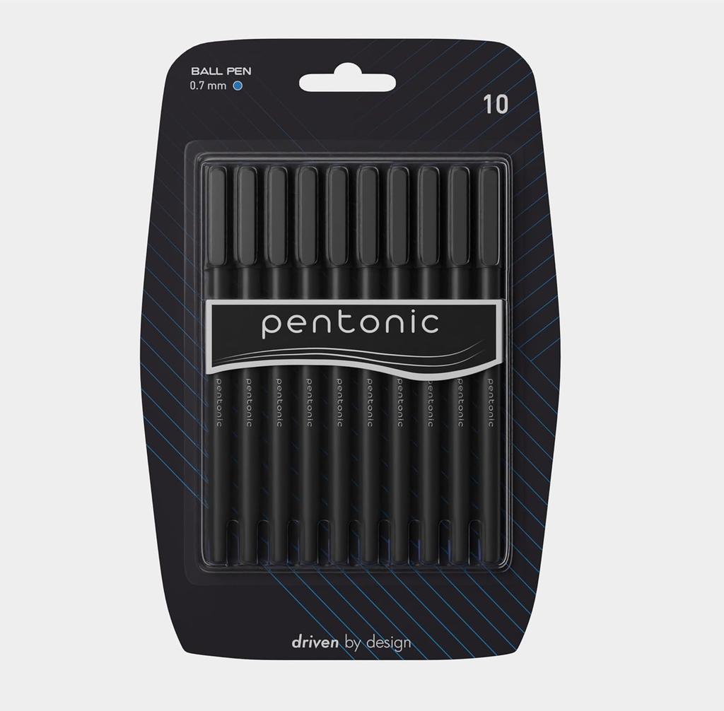 Ручка шариковая Pentonic 0.7 мм, упаковка 1 шт. X 10 шт. | Синие чернила, черный корпус | Плавное письмо для офиса, дома и школы