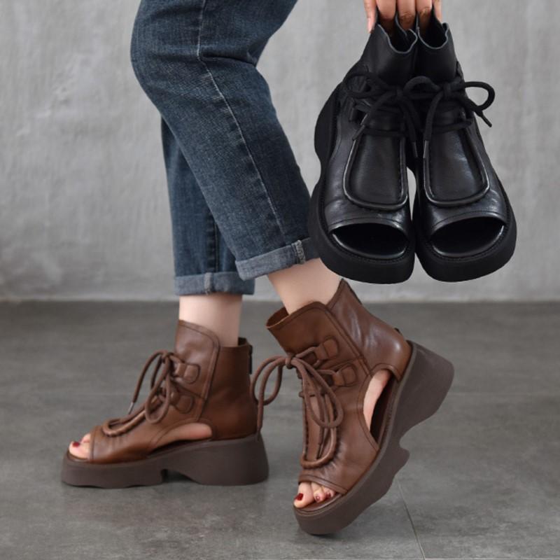 Johnature Женская обувь из натуральной кожи, римские сандалии, винтажные летние сапоги с застежкой-молнией сзади и открытым носком на толстой подошве