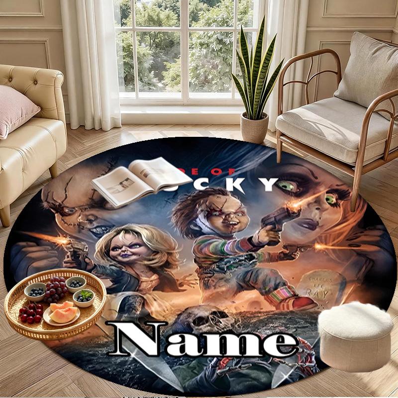 Custom Name Personalized Bride of Chucky Print Round Rug, Versatile Home Decor Carpet, for Playroom, Apartment, Balcony, Entryway, Hallway Gift