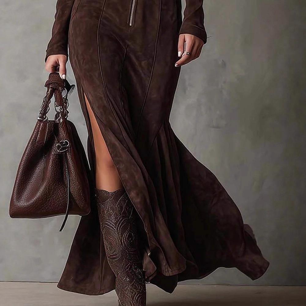 Женское замшевое платье-макси с воротником-стойкой и длинным рукавом, облегающее, на молнии, фасона «русалка»