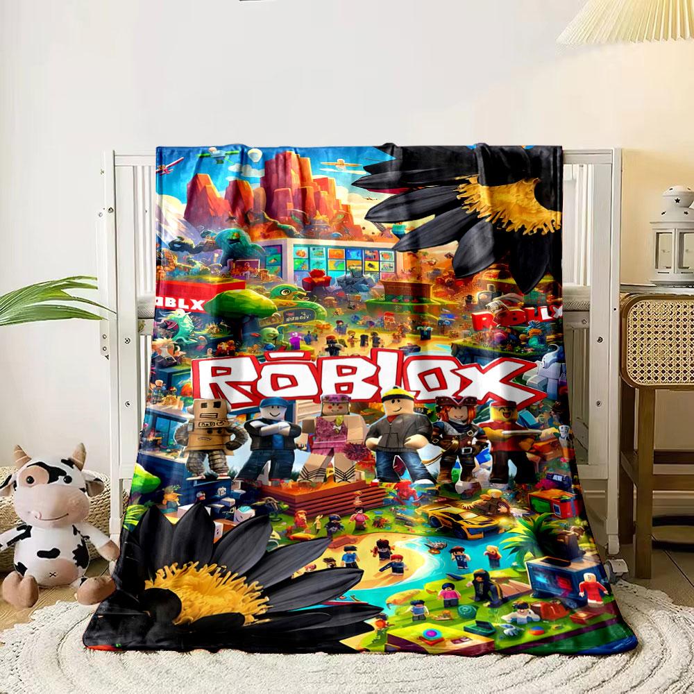 Bright, colorful Roblox-themed scene with characters and vibrant activities. for all seasons blanket lunch break throw gift