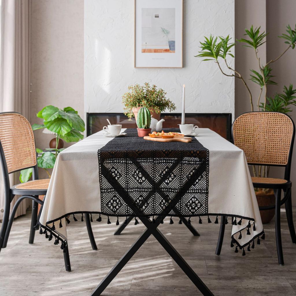 Tablecloth White Plain Color Contrast Hollow Splicing Table Cloth Restaurant Tablecloth