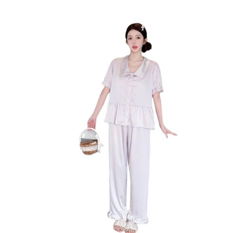 Spring and summer new pajamas women's pearl lotus leaf edge doll collar three-piece set sweet and cute wind thin loungewear set