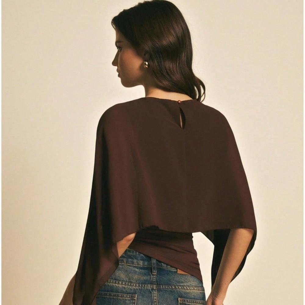 Ruched Waist Cape Sleeve Top Round Neck False Two-Piece Tops Batwing Sleeve Top Summer Wear