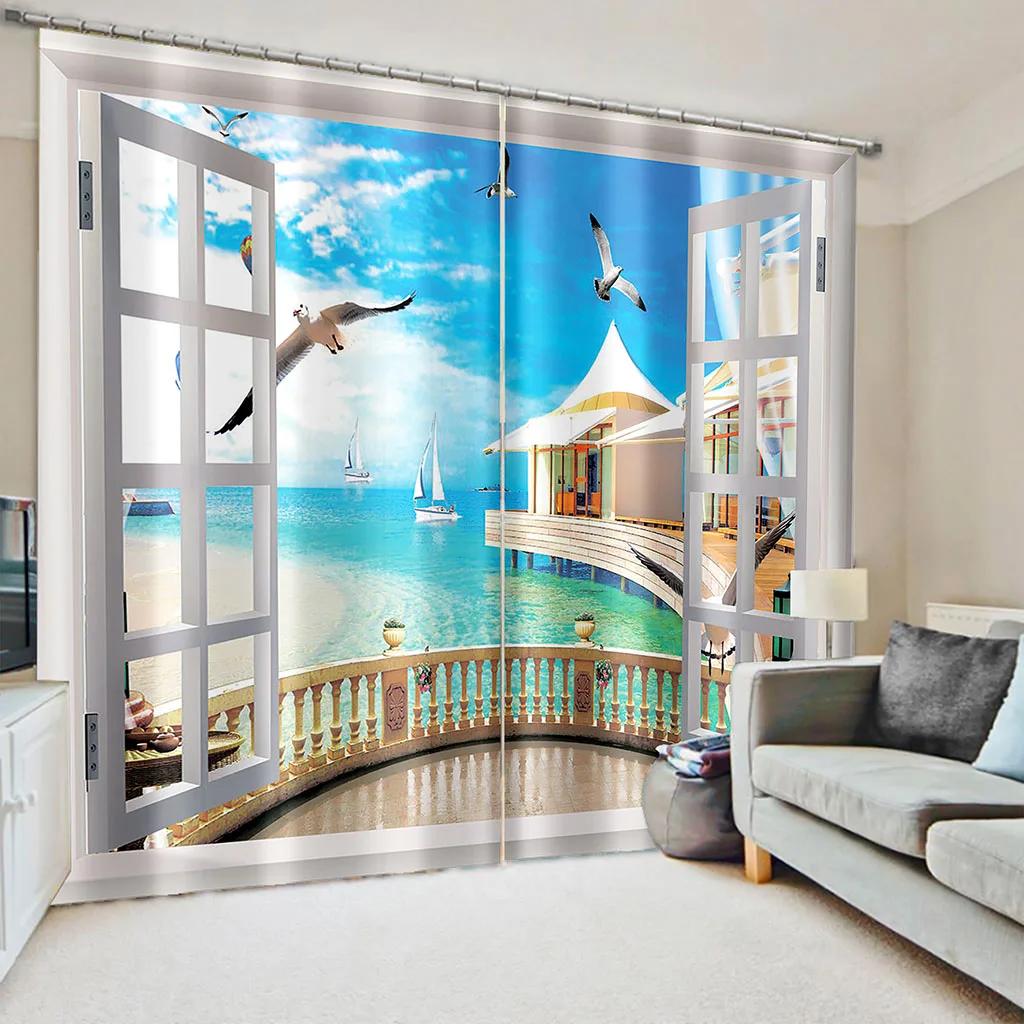 Лесные окна 3D Природа Пейзаж Пляж Море Дерево Зеленые шторы Оконные шторы для гостиной Спальня Кухня 2 шт Декор
