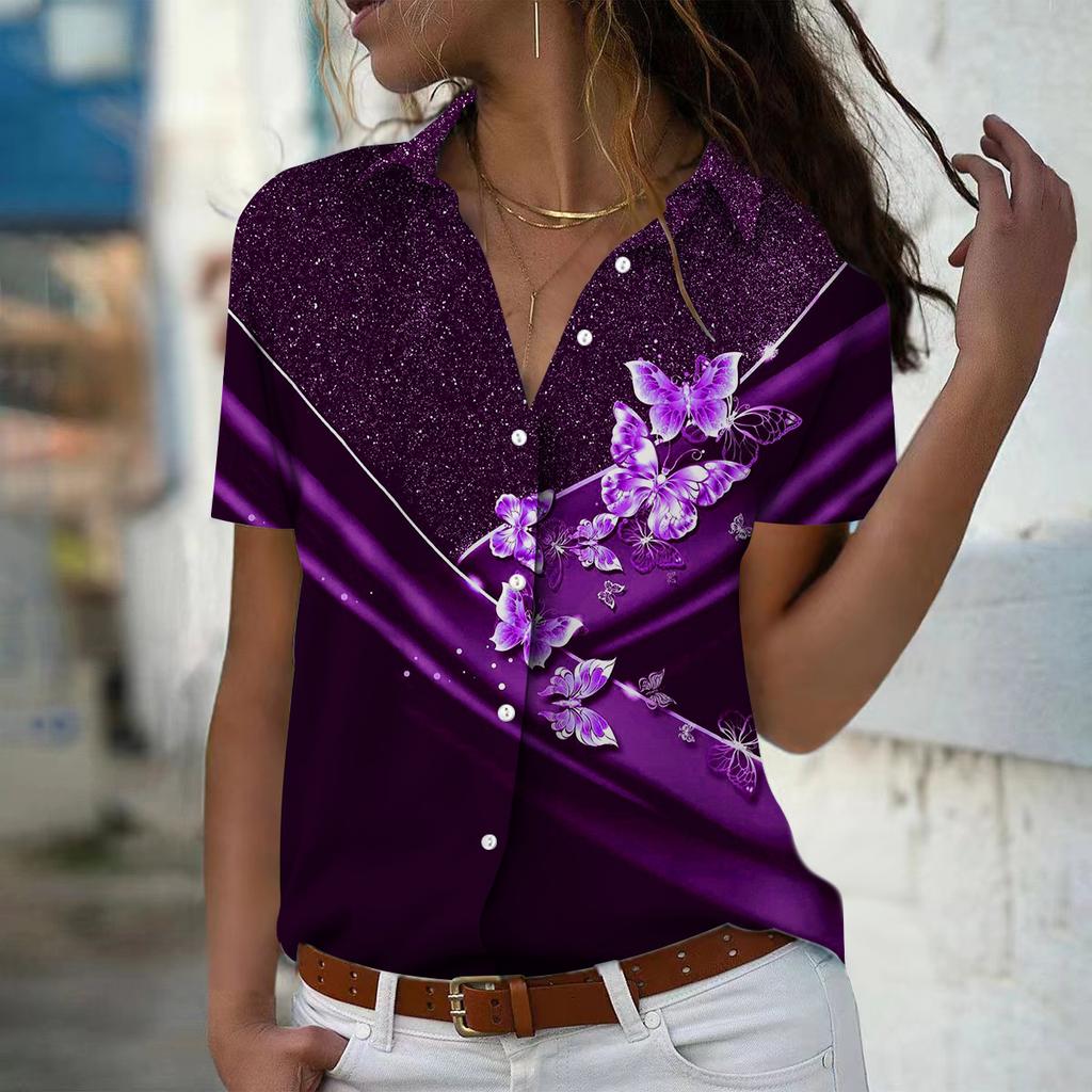 2025 Лето Новая Мода Женская Повседневная Рубашка Топ с Коротким Рукавом и V-образным Вырезом на Пуговицах с Принтом Бабочек