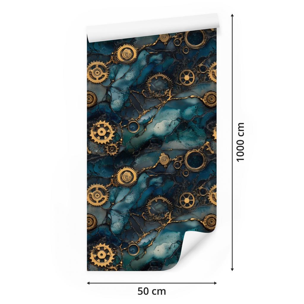 Ink Wallpaper Turquoise, Navy Blue and Ochre for Living Room and Bedroom 50x1000