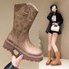 Winter Thick Bottom Platform Cowboy Boots Women Shoes Fashion Slip On Mid Heel Bota Ladies Retro Mordern Bootties