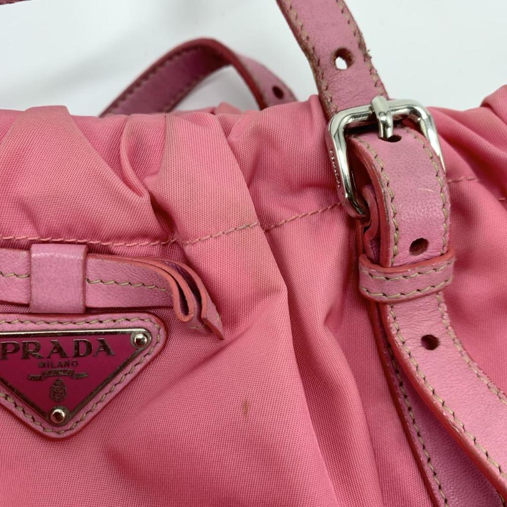PRADA Pocono Tessuto Nylon Ribbon Hand Tote Bag One Shoulder Strap Leather Pink Silver Hardware Triangle Logo Plate