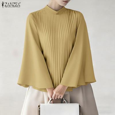 Женская блузка с воротником-стойкой, свободного кроя, повседневная, с расклешенными длинными рукавами