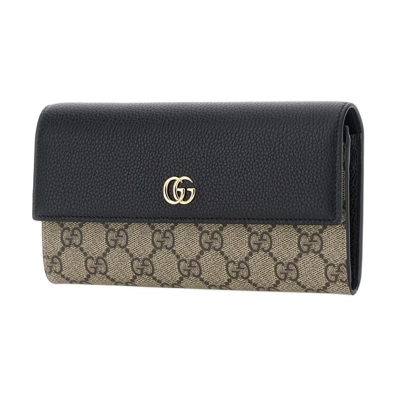 Gucci Принт логотипа бренда GG Marmont, компактный кошелек в континентальном стиле с архивным логотипом Double G, из кожи и канвы GG Supreme, женский, коричневый и черный