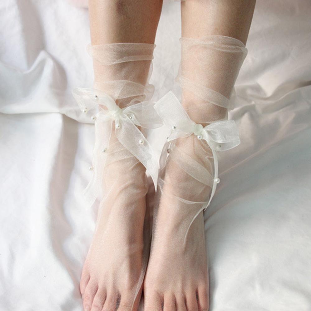 Long Summer Pearl Bow Lace Up Chiffon Women Socks Mesh Streetwear Transparent Socks