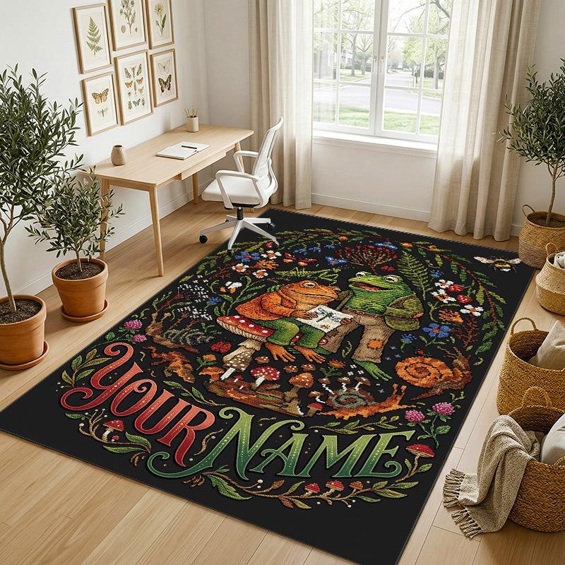Frogs Theme Soft Crystal Velvet Rug Custom Name & Text Print Non Slip Floor Rug for Bedroom Living Room
