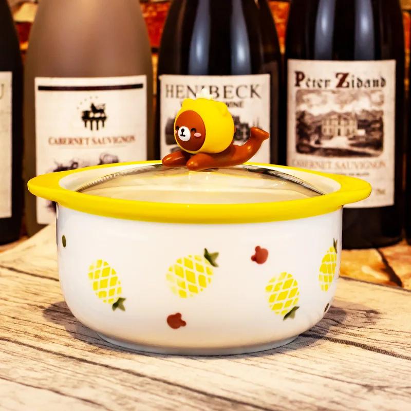 Кавайная керамическая миска для рамэна с клубникой, персиком и крышкой, милая кухонная большая лапша быстрого приготовления, фруктовый салат, рисовый суп, миска, посуда